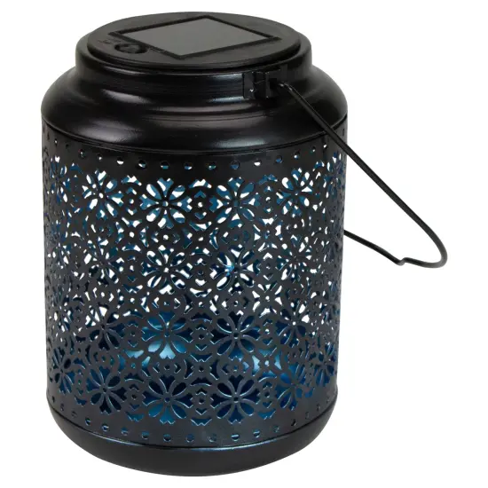 Northlight 7" Black Integrated Floral LED Solar Outdoor Lantern with Handle {6}
