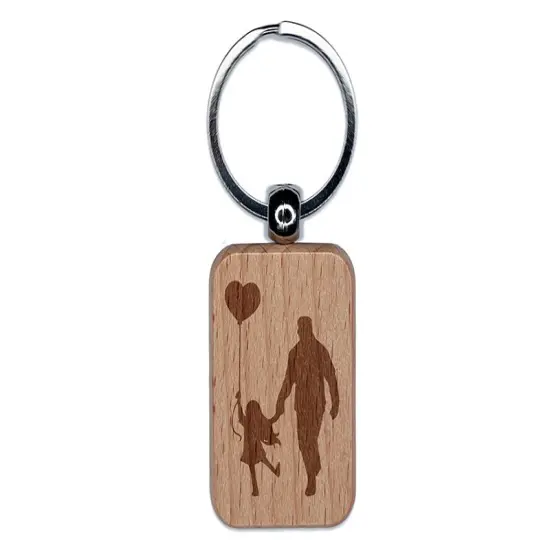 Father and Daughter Parent Silhouette with Heart Balloon Engraved Wood Rectangle Keychain Tag Charm {1}