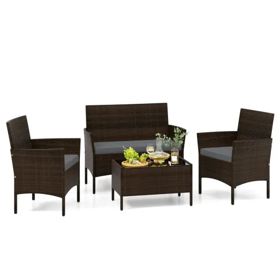 4 Piece Patio Rattan Conversation Set With Cozy Seat Cushions Grey {4}