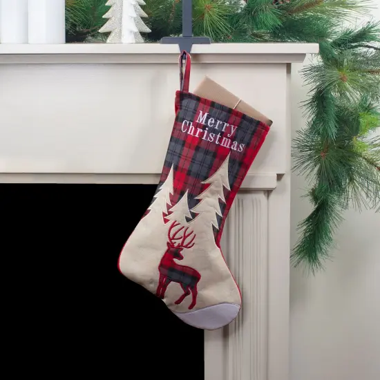 Northlight 19" Green and Red Plaid Reindeer With Forest Trees Christmas Stocking Beige {3}