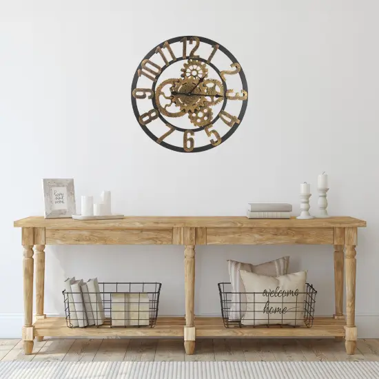 Northlight 24" Gold and Black Battery Operated Round Wall Clock with Cogs {3}