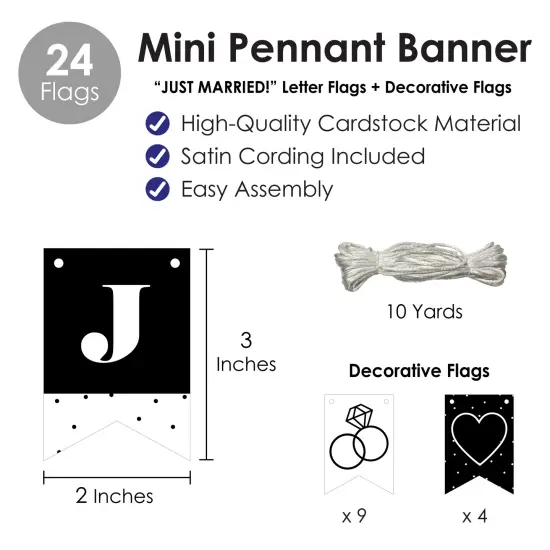 Big Dot of Happiness Mr. and Mrs. - Black and White Wedding or Bridal Shower Mini Pennant Banner - Just Married {6}