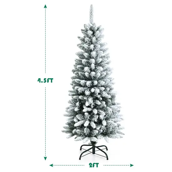 4.5ft Snow-Flocked Hinged Artificial Christmas Pencil Tree w/ 373 Mixed Tips {4}