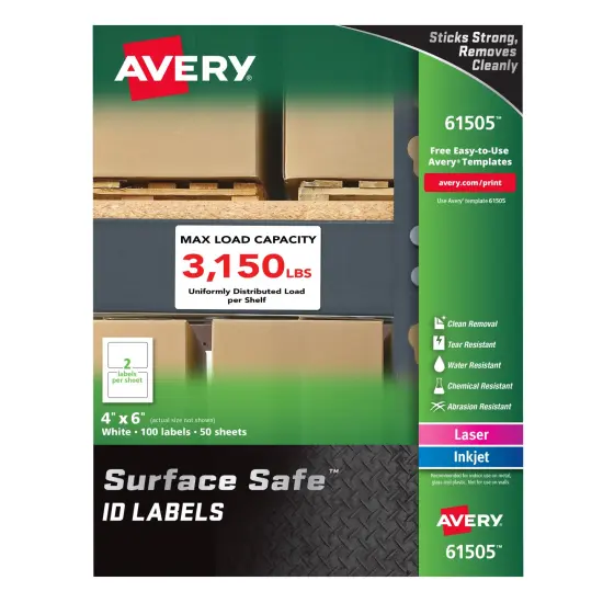 Avery Surface Safe ID Labels, 4" x 6", Water Resistant, Matte White, Removable Adhesive, 100 Labels (61505) {1}
