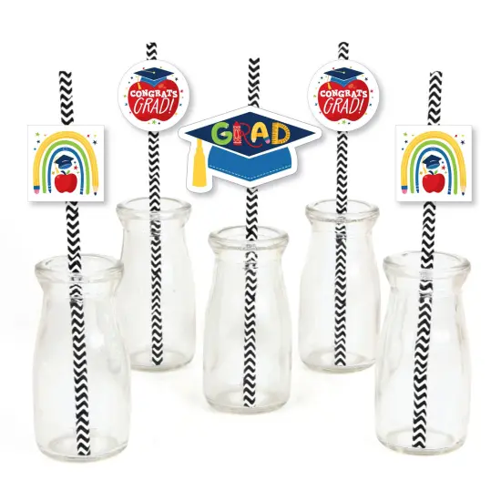 Big Dot of Happiness Elementary Grad - Paper Straw Decor - Kids Graduation Party Striped Decorative Straws - Set of 24 {1}