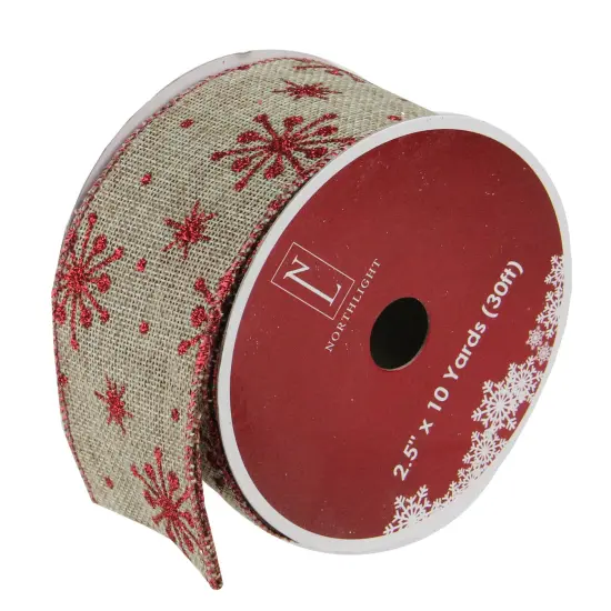 Northlight Club Pack of 12 Red Snowflake and Beige Burlap Wired Christmas Craft Ribbon Spools - 2.5" x 10 Yards Total {1}
