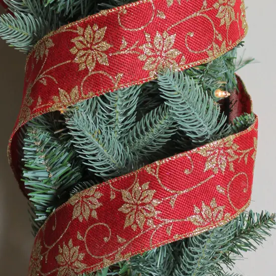 Northlight Cranberry Red and Gold Poinsettia Christmas Wired Craft Ribbon 2.5" x 10 Yards {3}