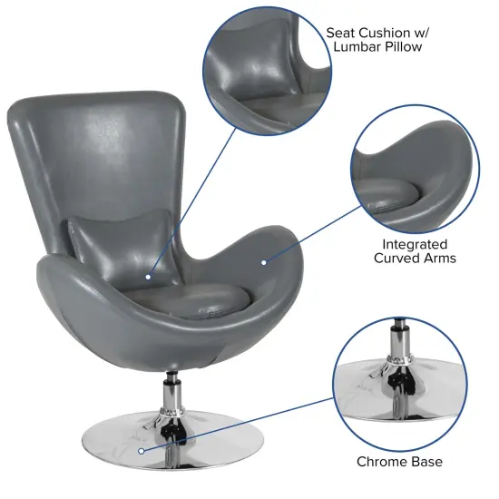 Merrick Lane Soro High-Back Egg Style Lounge Chair With 360° Swivel Metal Base Gray LeatherSoft {2}