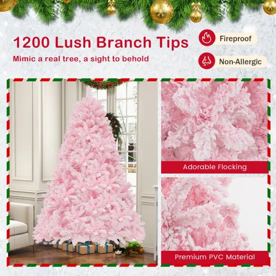 Costway 7 FT Flocked Artificial Christmas Tree Hinged with 500 LED Lights 1200 Branch Tips {5}