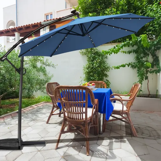 Costway 10FT Patio Offset Umbrella Solar Powered LED 360Degree Rotation Aluminum Blue {5}