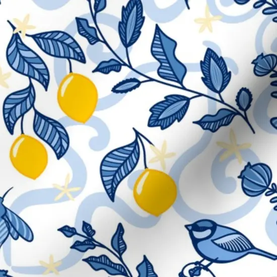 Various Fabrics by the Yard or Fat Quarter Botanical Citrus Lemon White Blue Whimsical Custom Printed Fabric by Spoonflower {7}