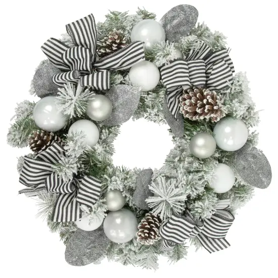 Northlight Frosted Pine Artificial Christmas Wreath with Striped Bows - 24" -Unlit White {1}