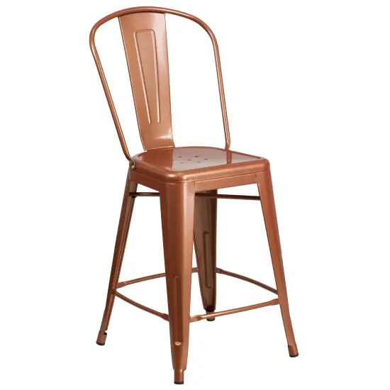 Merrick Lane Stella 24" Metal Indoor-Outdoor Counter Stool with Vertical Slat Back and Integrated Footrest Copper {1}