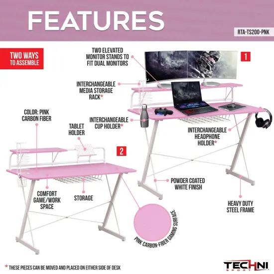 Techni Office Solutions Computer Gaming Desk with Shelve - 41.5" - Pink and White {3}