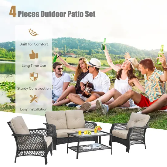 Costway 4PCS Patio Wicker Furniture Set Loveseat Sofa Coffee Table W/ Cushion {5}