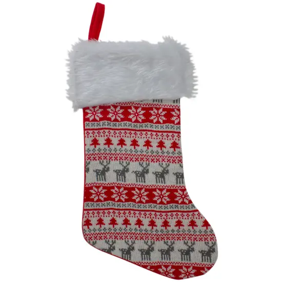 Northlight 19" Red and White Deer and Snowflake Knit Christmas Stocking with Faux Fur Cuff {1}