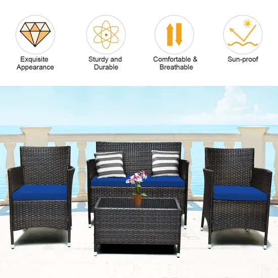 Costway 4PCS Rattan Patio Furniture Set Cushioned Sofa Chair Coffee Table {5}
