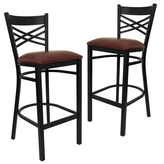 Emma and Oliver 2 Pack "X" Back Metal Restaurant Barstool BurgVYL/BlackMetal {1}