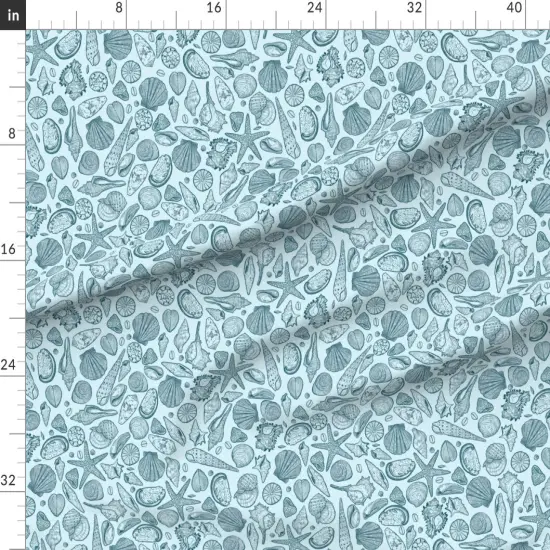 Various Fabrics by the Yard or Fat Quarter Blue Seashells Monochromatic Medium Scale Line Art Custom Printed Fabric by Spoonflower {1}