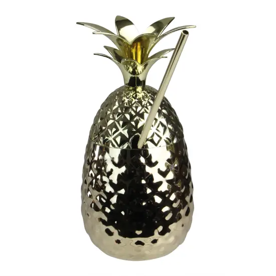 Avon 7" Metallic Gold Pineapple Tumbler Summer Cup with Straw {3}