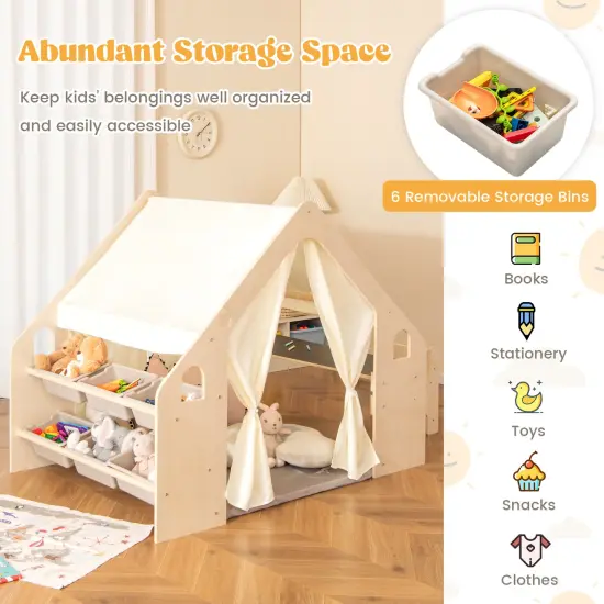 6-in-1 Kids Play Tent Playhouse With Blackboard 6 Storage Bins And Floor Cushion-beige {6}