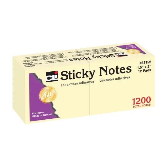 Sticky Notes, 1 1/2" x 2", Plain, 100 Sheets/Pad, 12 Pads/Pack, 12 Packs {2}
