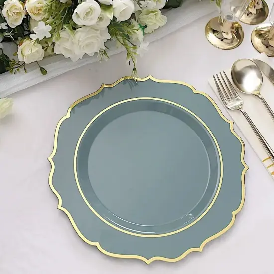 20 DUSTY BLUE 10.5" Round Plastic Dinner Plates GOLD Scalloped Rim {1}