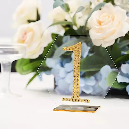 5 CLEAR GOLD 5" Hexagon ACRYLIC STANDS TABLE NUMBERS Holders {3}