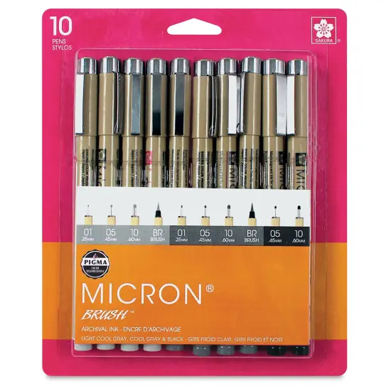 Sakura Pigma Brush Pens - Grays and Black, Brush and Micron, Set of 10 {1}