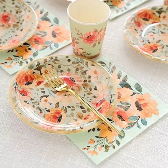 72 Sage Green Disposable Dinnerware Set with Pink Floral Print {3}