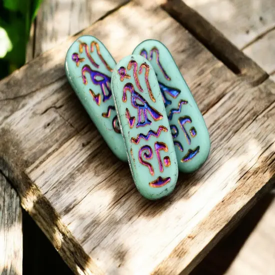 *6* 25x10mm Matte Turquoise Rainbow Metallic Egyptian Cartouche Oval Beads {4}
