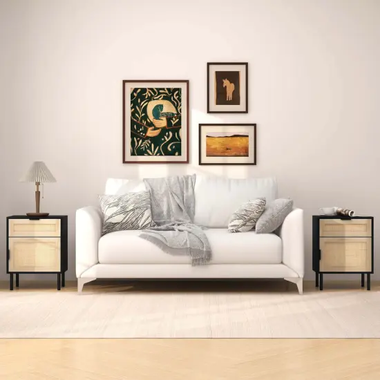 Costway Rattan Nightstand Set of 2 Mid Century Modern End Table with Drawer & Cabinet {2}