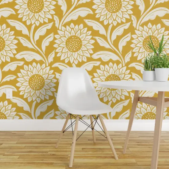 Pre-Pasted Wallpaper 2FT Wide Jumbo Floral Yellow Sunflowers Summer Botanical Stamped Lino Cut Custom Pre-pasted Wallpaper by Spoonflower {1}