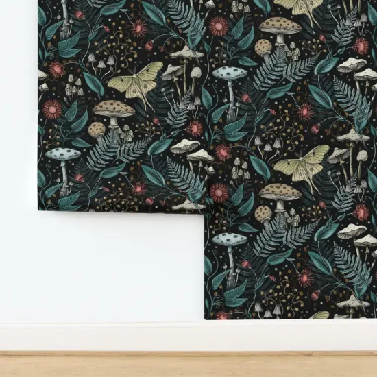 Peel & Stick Wallpaper 2FT Wide Whimsical Gothic Woodland Forest Luna Moth Mushrooms Botanical Floral Fern Magical Whimsigoth Fungi Large Scale Moody Nature Mushroom Toadstool Custom Removable Wallpaper by Spoonflower 15628708 {2}
