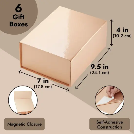6 Pack Magnetic Gift Boxes with Lids, 9.5 x 7 x 4 Inches for Birthday, Wedding, Groomsman and Bridesmaid Proposal Box (Rose Gold) {4}