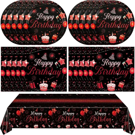 Red & Black Birthday Decorations - Party Supplies Set with Confetti Sprinkles, Includes Disposable Paper Plates & Napkins, Tablecloth for Boys & Girls {1}