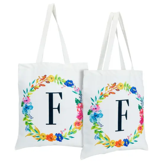 Okuna Outpost Set of 2 Reusable Monogram Letter F Personalized Canvas Tote Bags for Women, Floral Design for Groceries, Bridesmaids, Beach, Travel, or Everyday Use (29 Inches) White {1}