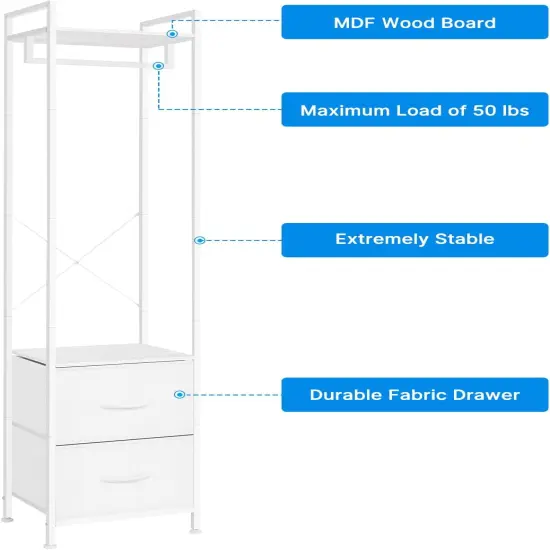 White Heavy Duty Garment Rack with 2 Fabric Drawers | 3-in-1 Freestanding Clothing Organizer | 80lb Capacity Steel Frame & X-Brace Stability {3}