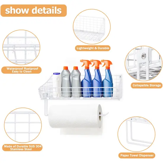 Multi-Functional Wall-Mounted Metal Basket Organizer with Foldable Paper Towel Holder &ndash; Space-Saving Storage Shelf for Kitchen, Bathroom, Bedroom & Hallway White {3}