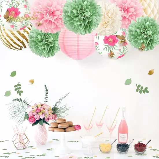 12PCS Green Pink Blooms Tissue Pom Poms Paper Lantern 3D Gold Confetti 50G for Garden Birthday, Fairy Party, Butterfly Baby Shower, Wedding, Holiday, Easte Party, Spring Decor {4}