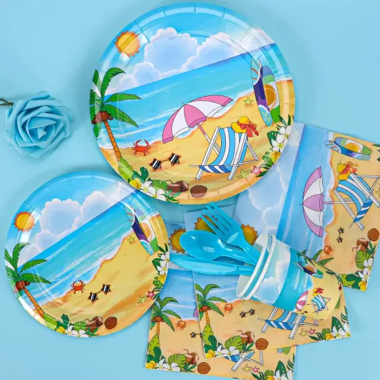 Beach Party Summer Tableware Supplies, Beach Plates and Napkins Set, Disposable Beach Plates, Cups, Napkins and Cutlery {3}