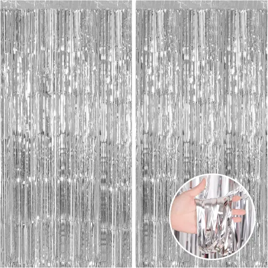 2 Pack 3.3x8.2 Feet Silver Foil Fringe Backdrop Curtains, Tinsel Streamers Birthday Party Decorations, Fringe Backdrop for Graduation, Baby Shower, Happy New Year, Disco Party {1}