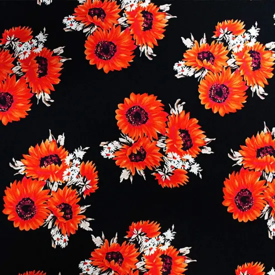 Sunflower Clusters Printed Spandex Fabric Black/Coral {1}