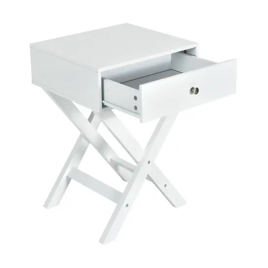 X Shaped Base Side Nightstand with 1 Drawer Perfect for Place to Plant and Photo Frame or Any Decorative Item White {7}