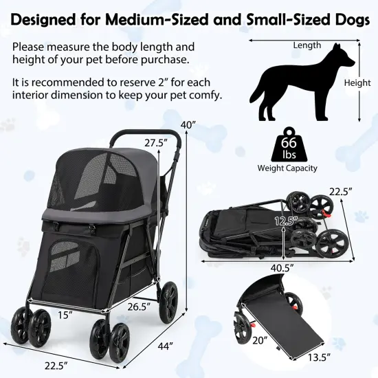 Black 600D Oxford Fabric Dog Stroller with Adjustable Ramp and All-Terrain Wheels {4}