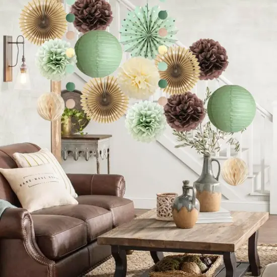 Sage Green and Brown Party Decorations Baby Shower Decorations Sage Green Beige Brown Tissue Paper Pom Poms Lanterns for Sage Green and Brown Birthday Bridal Shower Wedding Room Decor {3}