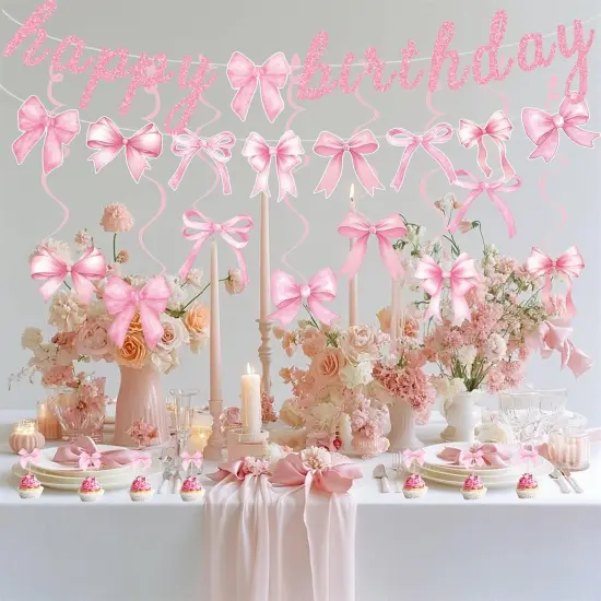 Pink Bow Banner Hanging Swirls with Bowknot Cupcake Toppers Happy Birthday Garland for Baby Shower Girls Pink Bow Room Decor Coquette Birthday Party Decorations {2}