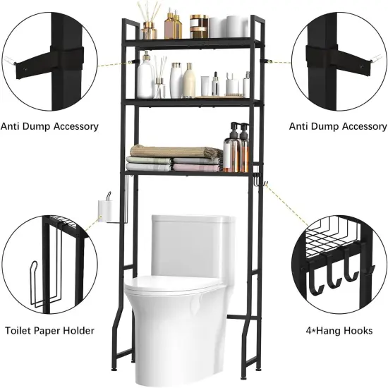 3-Tier Over-The-Toilet Storage Organizer | 30lb/Shelf Heavy-Duty Wooden Bathroom Rack with Anti-Tip Kit & 4 Hooks | 63.6" Freestanding Space-Saver for Laundry Room, Restroom (Black) {3}