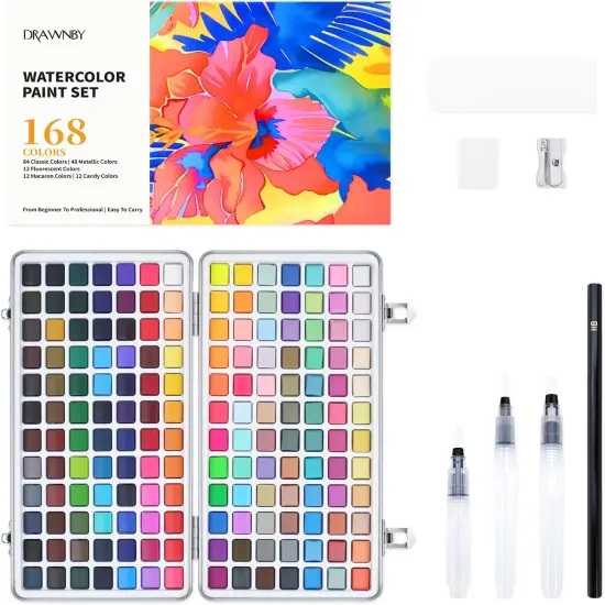 Watercolor Paint Set, 168 Vivid Colors with Regular, Macaron, Metallic & Fluorescent Colors, Travel Watercolor set including Palette, Water Brush Pens, Art Supplies Kit Great for Artists, Beginners {1}