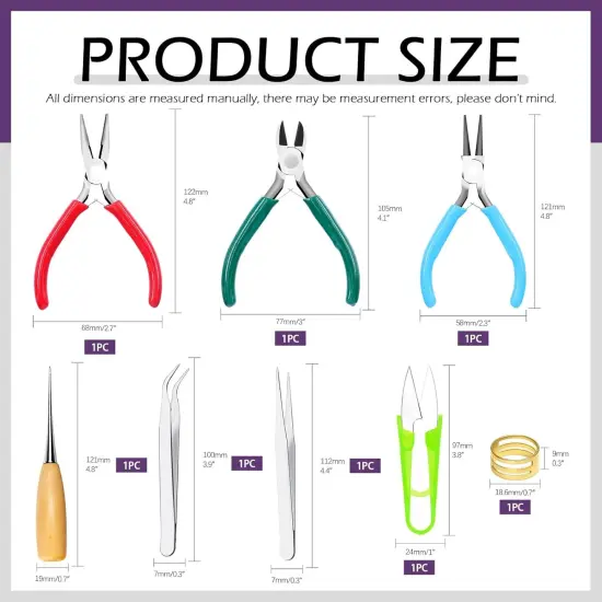 9Pcs 4.5Inch Jewelry Making Assortments Kit, 3 Types Jewelry Pliers Needle Nose Pliers Round Nose Pliers Wire Cutters, with Awl, Tweezers, Thimble Ring, Scissors, Jewelry Making Supplies {2}